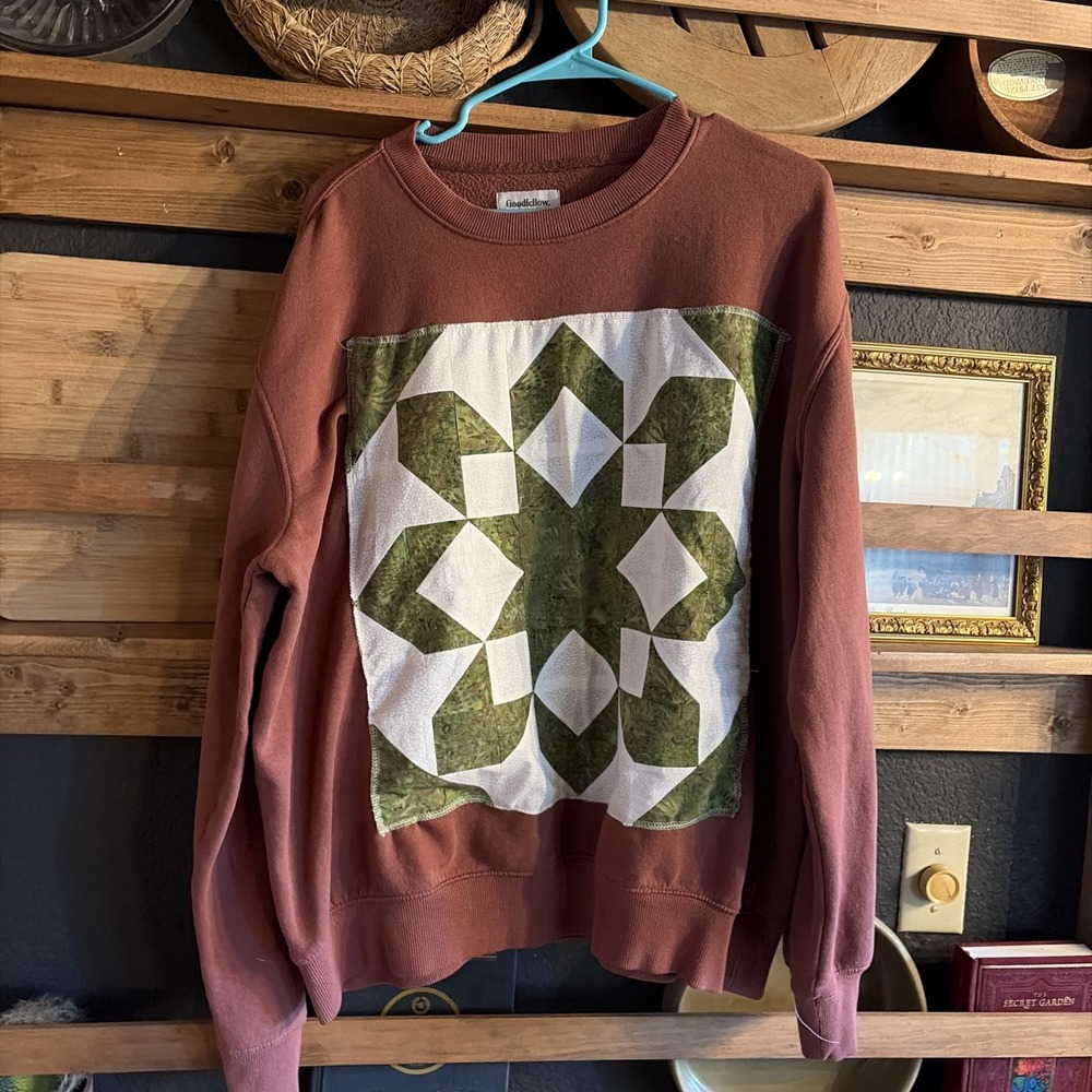 Vintage Upcycled Hand Sewn Handmade Quilt Patch Oversized Crew Sweatshirt XXL